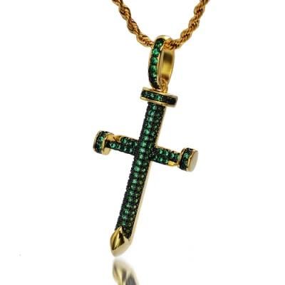 18K Solid Gold Plated CZ Diamond Iced out Color Hip Hop Nail Cross Pendant for Men