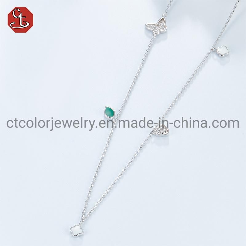 Fashion Women Elegant Jewelry 925 Silver Sterling Enamel Butterfly Chain Pendant Necklace