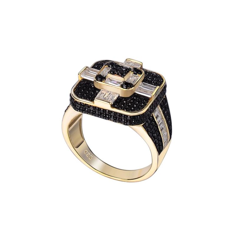 New Arrival 925 Sterling Silver Jewelry 18K Gold Plated Iced out Cubic Black Zirconia Baguette Hip Hop Ring for Men