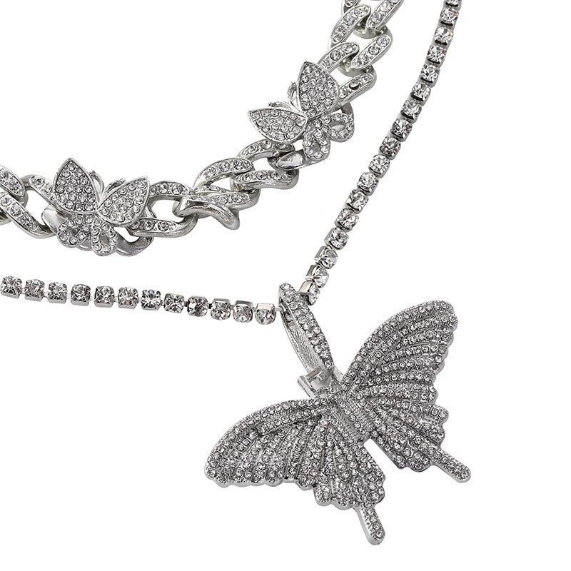 Big Butterfly Lock Pendant Multilayer Necklace Rhinestone Chain for Women