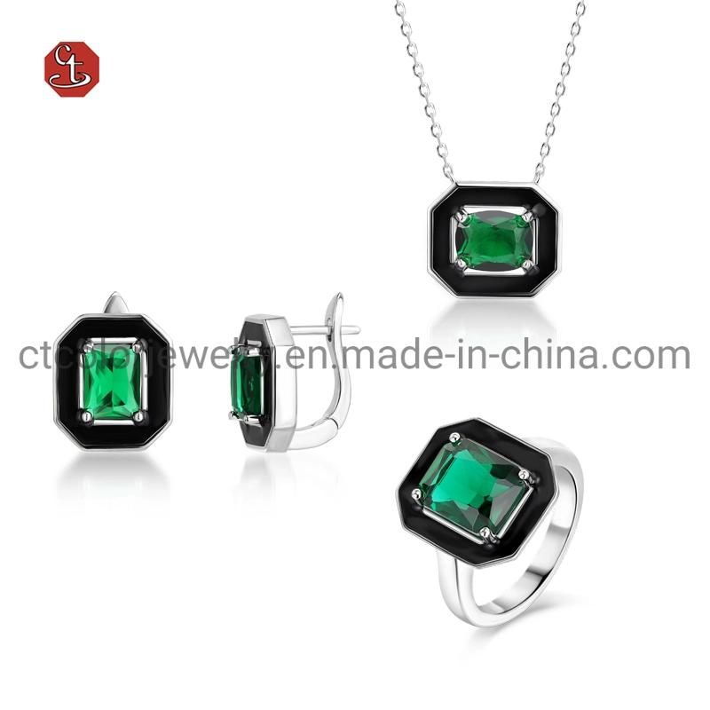 Fashion 925 Sterling Silver Rings Jewellery Custom CZ Emerald Black Enamel Engagement Rings Jewelry for Trendy Women