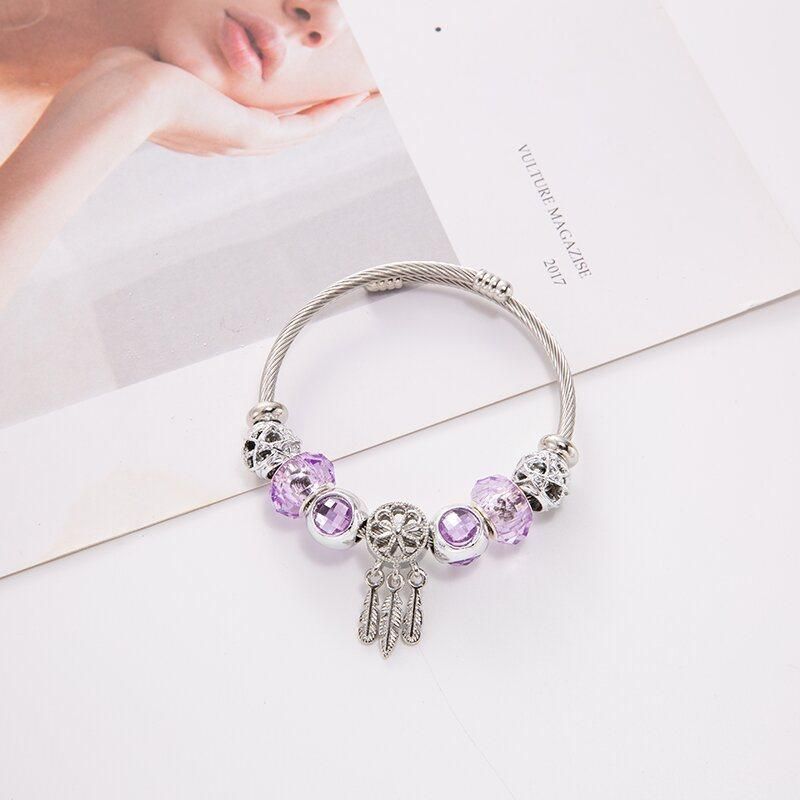 Fashion Jewelry DIY Crystal Clover Beaded Dreamcatcher Stainless Steel Bangle