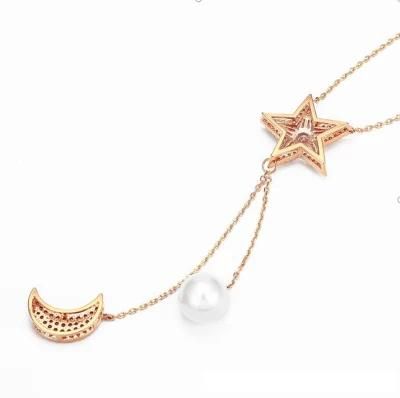 Fashion Jewelry Star Type Rose Gold Color Pearl Sweater Chain Necklace for Women