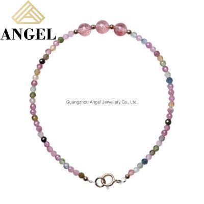 925 Silver Jewelry Natural Rainbow Tourmaline &amp; Crystal Beads Bracelet
