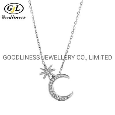 925 Sterling Silver Fine Jewelry Moon&Star Pendant Necklace