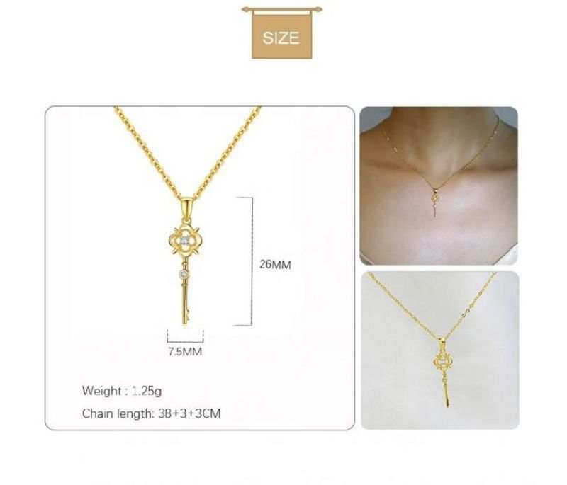 925 Sterling Silver Zircon Vintage Key Pendant 14K Gold Plated Necklace Women Fashion Jewelry