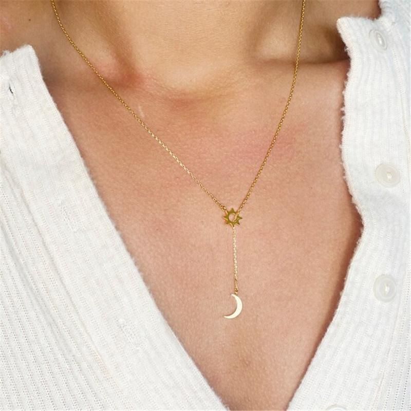 Fashion Jewelry Accessories Moon and Sun Lariat Necklace in Silver 18K Gold Plated