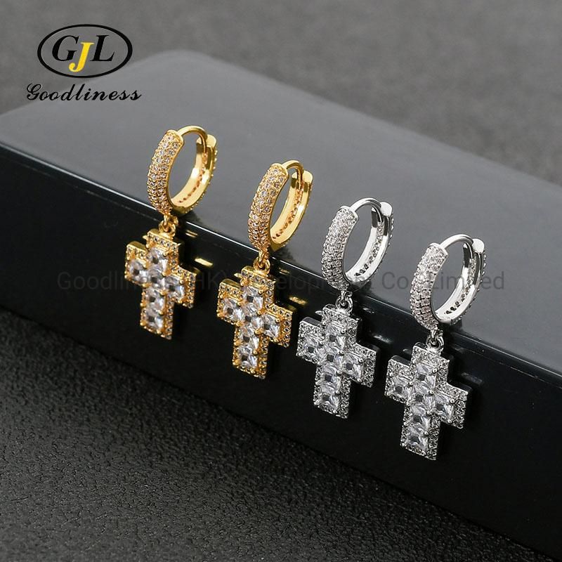 Wholesale Hip Hop Square Zirconia Micropanling Cross Eardrop Earring