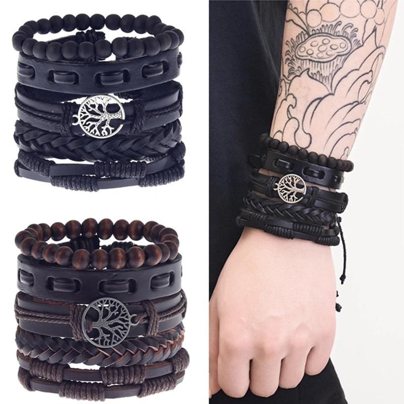 5 Piece Leather Cuff Bracelet for Men and Women Punk Rock Braided Bracelet Via Brown Black Wristband Handmade Jewelry