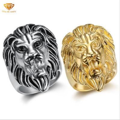 Hot Selling 316 Stainless Steel Hip Hop Lion Head Hand Polished Vacuum Gold Plated Men&prime; S Ring Sgmr2622