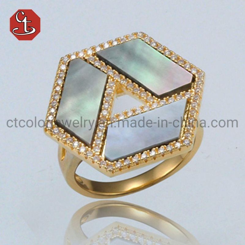 Hot Sale Jewelry White Mother of Shell Rings for Women Minimalist Hexagon Geometric Style Wide Ring