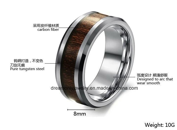 Cool Men′s Tungsten Ring Middle Wooden Carbon Fiber Inlay Tungsten Ring
