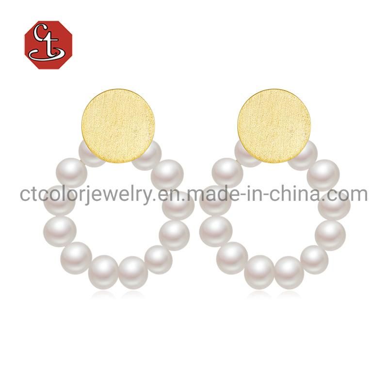 Fashion 925 Silver Jewelry 18k Gold plated White Pearl Round Drop Earrings