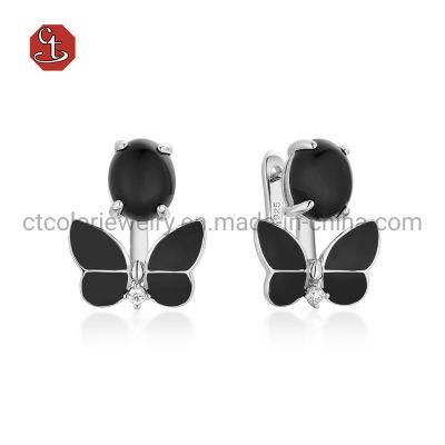 925 Sterling Silver Jewellery Black Enamel Butterfly Earrings