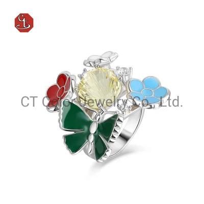 Fashion 925 Silver Jewelry Butterfly Flower Shape Enamel Pale Yellow Glass Stone Ring