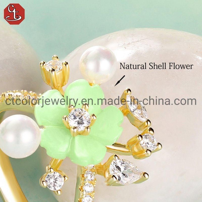 925 Silver 18K Gold Plated Shell Flower Pearl Hoop Earrings Ring Jewelry Set