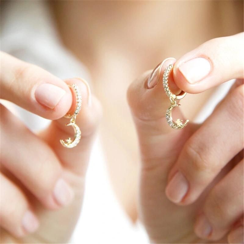 Crystal Cubic Zircon Brass Huggie Earings with Moon Dangling in 18K Gold Plated Women Jewelry
