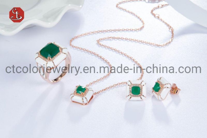 Green Stone Silver or Brass Necklace with White Enamel Fashion Enamel Pendants Necklaces