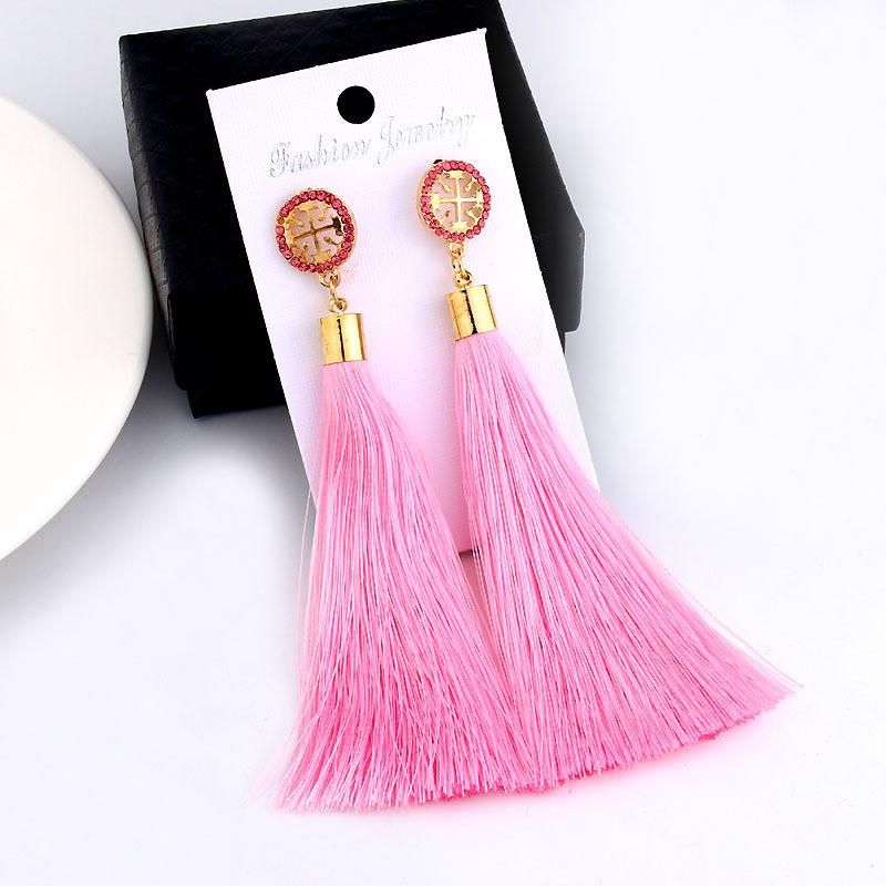 Crystal Women Fashion Jewelry Silk Fabric Long Drop Tassel Earrings