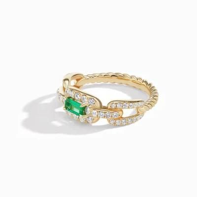 Customized Trendy Jewelry 18K Gold Plated 925 Sterling Silver Rectangle Emerald Cubic Zirconia Chain Link Finger Rings for Women