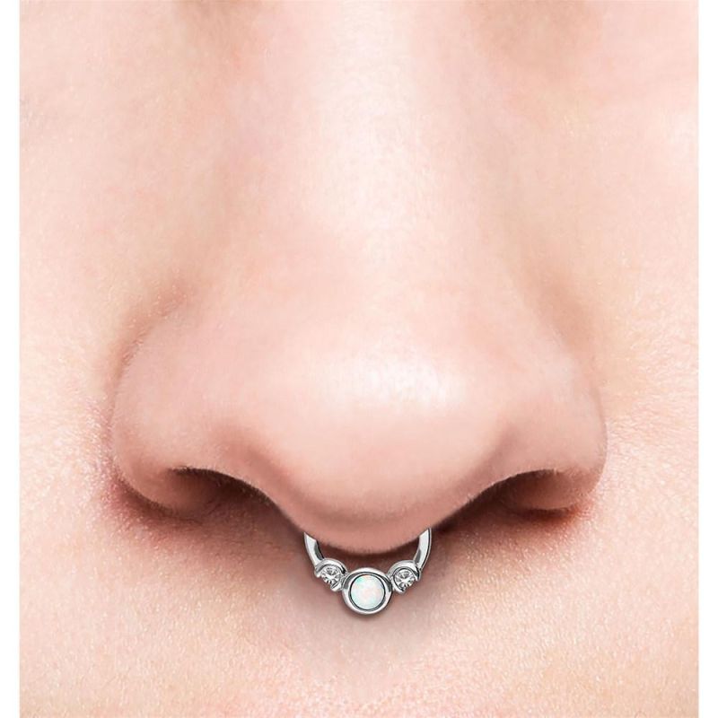 316L Surgical Steel Septum Clicker Nose Ring Body Piercing 2 Crystals with 3mm Opal