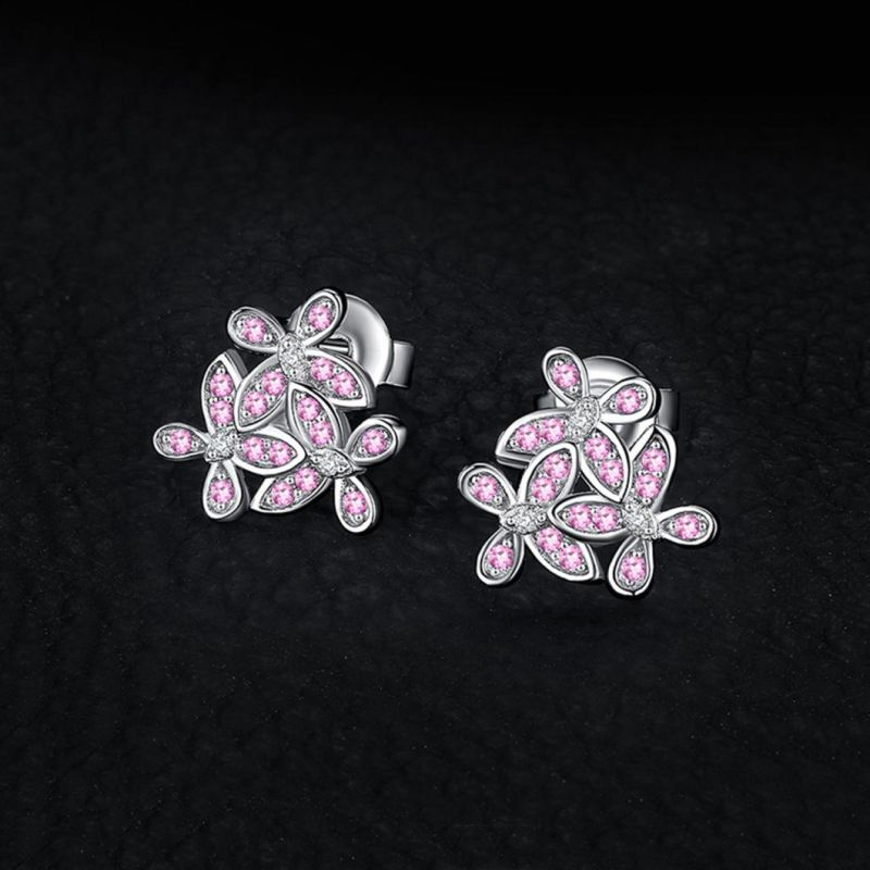 Fashion Jewelry 925 Sterling Silver Pink Flower Stud Earring for Women Wholesale