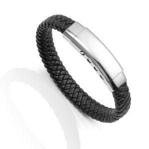 Fashion &#160; Stainless Steel Clasp Braided Weave Men&prime;s Leather Bracelet