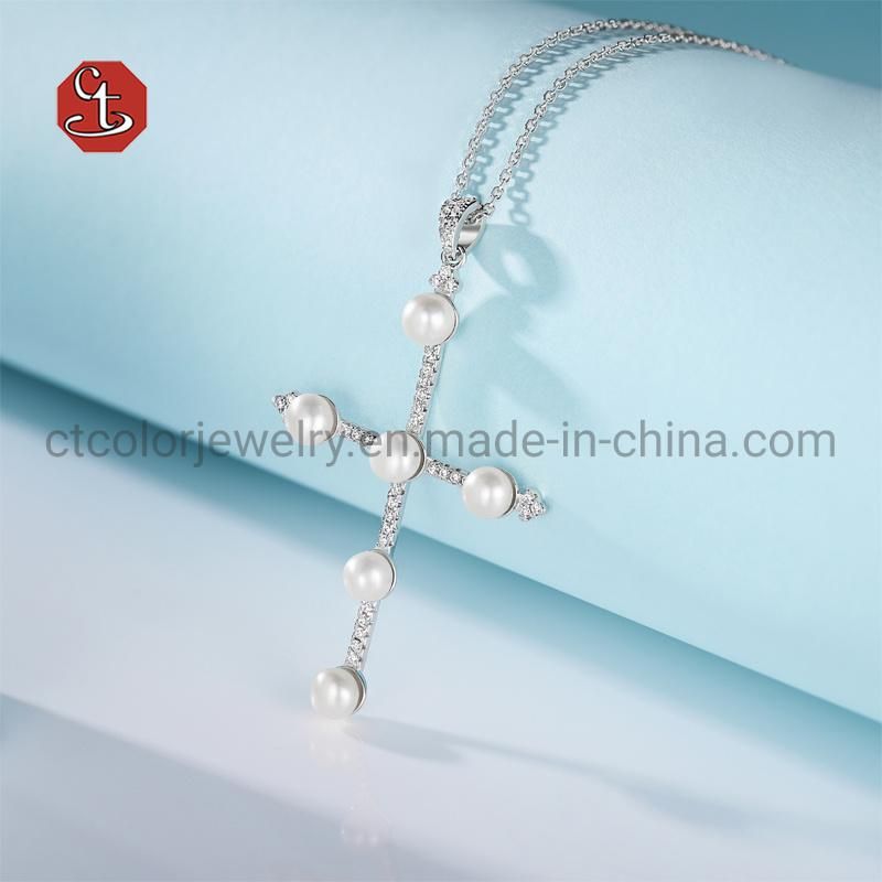 Fashion Sterling Silver Jewellery CZ Cross Double Layered Girl Pearl Necklace