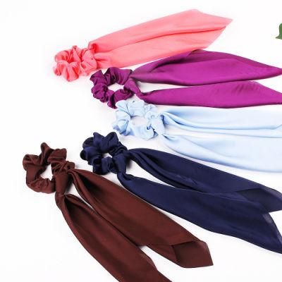 Solid Colors Soft Satin Ribbon Bow Hair Scarf Scrunchies for Women Girls