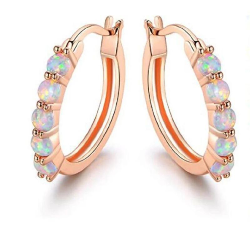925 Sterling Silver Three Stone Oval Shape Opal Rose Gold Plated Hoop Earrings