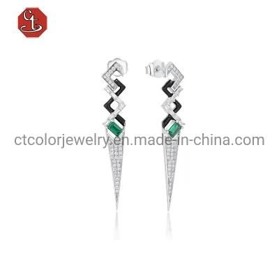 Women Girl Gift Fashion White Black Color Enamel Green CZ Cubic Zirconian Earring Sterling 925 Silver Jewelry