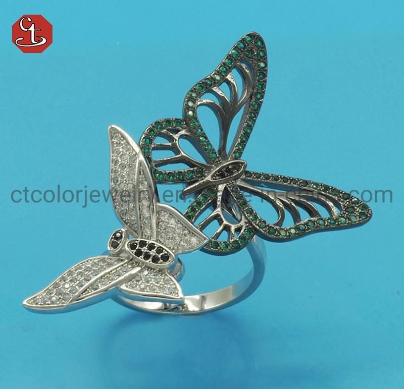 Fashion Jewelry Design 18K Gold Silver Cubic Zirconia Butterfly Rings Adjustable Crystal Butterfly Rings for Women Girls
