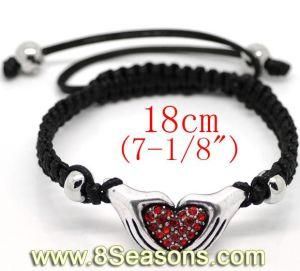 Silver Tone Pave Red Rhinestone Heart Hand Beads &amp; Copper Beads &amp; Black Braiding Adjustable Bracelets Fit Shamballa