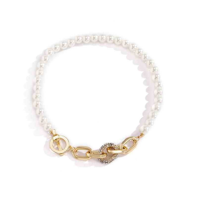 European and American 18K Gold Plated Pearl Ot Lock Pearl Necklace with Pave Stone Oval Links