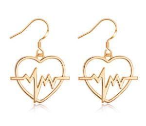 Love Heart Earrings Electrocardiogram Tassel Stud Earrings for Women Metal Geometric Anti Allergy Earrings Gold Steel Color 2018