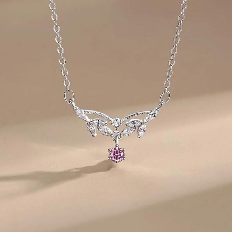 Romantic Light Luxury Pink Zirconium 925 Sterling Silver Necklace Female Diamond Leaf Pendant Necklace