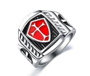 Factory Directly Sell Stainless Steel Titanium Steel Red Armor Shield Knight Templar Crusader Cross Ring Medieval Signet Retro Vintage