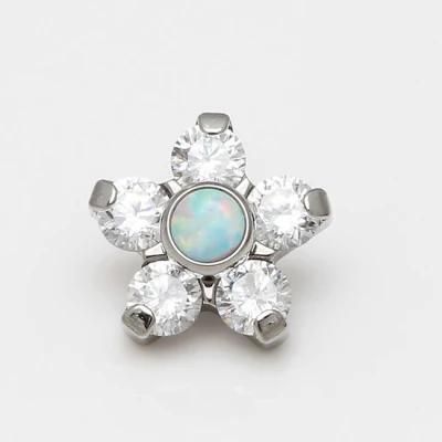ASTM F136 Titanium Threaded Prong Set 5 Petals Clear CZ Gem and Bezel Set Center S Ynthetic Opal Flower Tops Piercing Jewelry 16g
