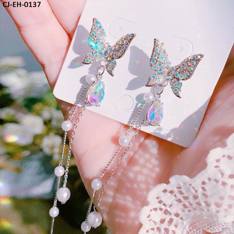 925 Silver Earrings Needle Women High Sense Crystal Purple/Colorful White Sparkling Butterfly Tassel Diamond Long Earrings