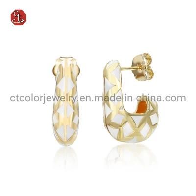 Fashion Women Earring Jewelry 925 Sterling Silver Gold Plated Enamel J Shape Hoop Earring