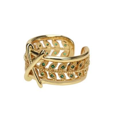 Leaf Shape Zircon Micro Inlaid Ring Woman&prime; S Simple Hollow out Cross Gold-Plated Ring Customized Ring Accessories