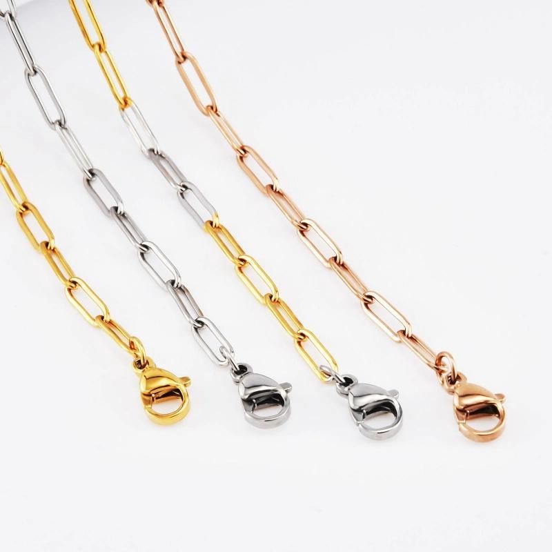 Fashion 18K Gold Plated Long Paper Clip Stainless Steel Necklace for Ladies Suit for Layer Wearing