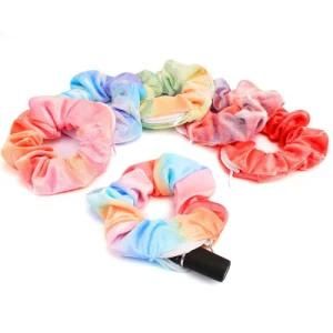 Hot Sales New Design Tie Dyed Big Pocket Hidden Zipper Scrunchies for Girls Custom Invisible Zipper Velvet Hair Scrunchies