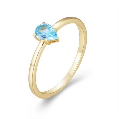 Wholesale Natural Gemstone Rings 925 Sterling Silver Gold Pear Drop Blue Topaz Ring Jewelry