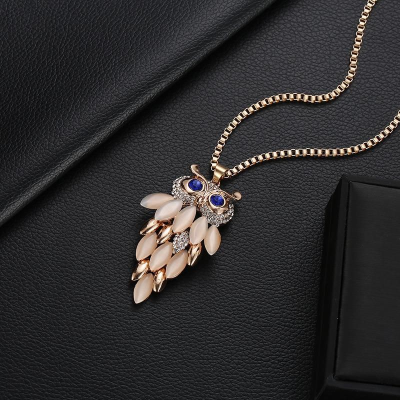 Fashion Alloy Opal Pendant Necklace Women Choker Lady Girl Owl Pendant Necklace Long Sweater Necklace Accessories