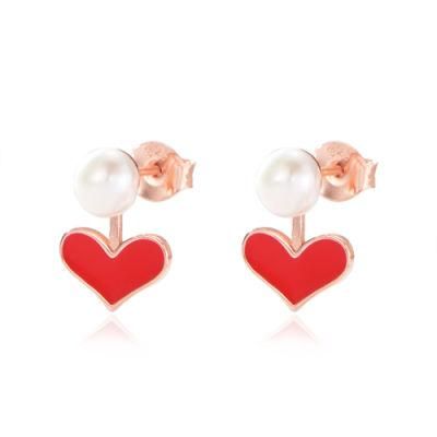 925 Sterling Silver Love Rose Gold Plated Pearl Heart Red Enamel Earring Stud for Girls