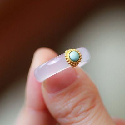 Jewelry S925 Silver Plated 18K Gold Inlaid Turquoise Chalcedony Vintage Ring