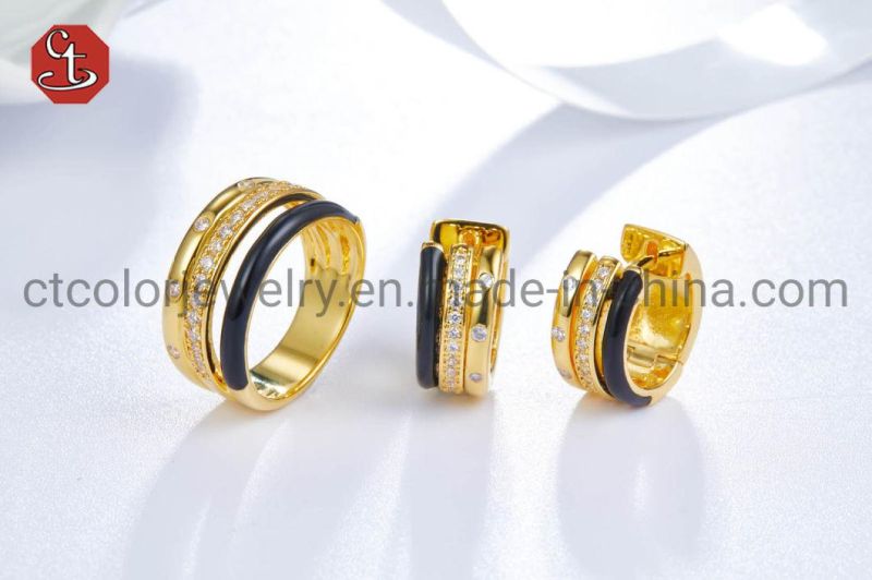 Fashion Custom Jewellery 925 Sterling Silver Gold Plated Black Enamel Rings Earring Necklace Jewelry Set