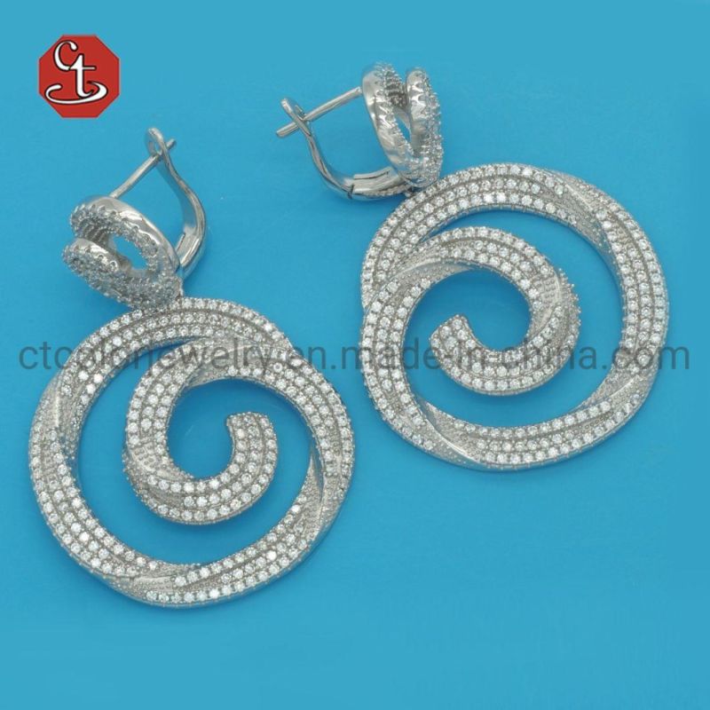 Big Rhodium Plated Fashion Silver Hollow Inside Oval Shape Baguette TP Stone Micro Pave CZ Stud Earrings for Women