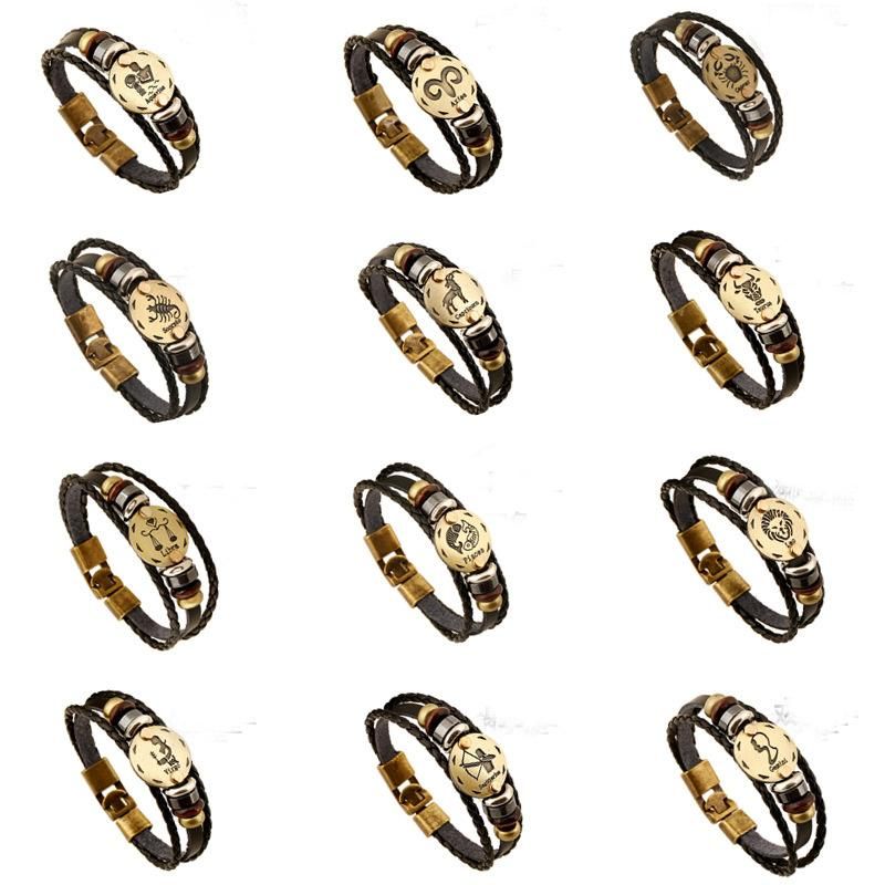 Bronze Alloy Buckles Zodiac Signs Punk Bracelets & Bangles Mens Leather Bracelets